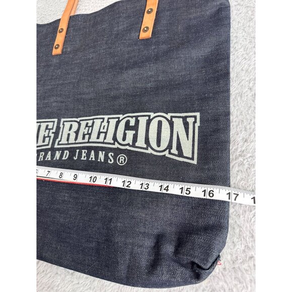 True Religion Denim Lined Tote Bag With Leather Straps & Red Interior NWOT - Picture 3 of 11